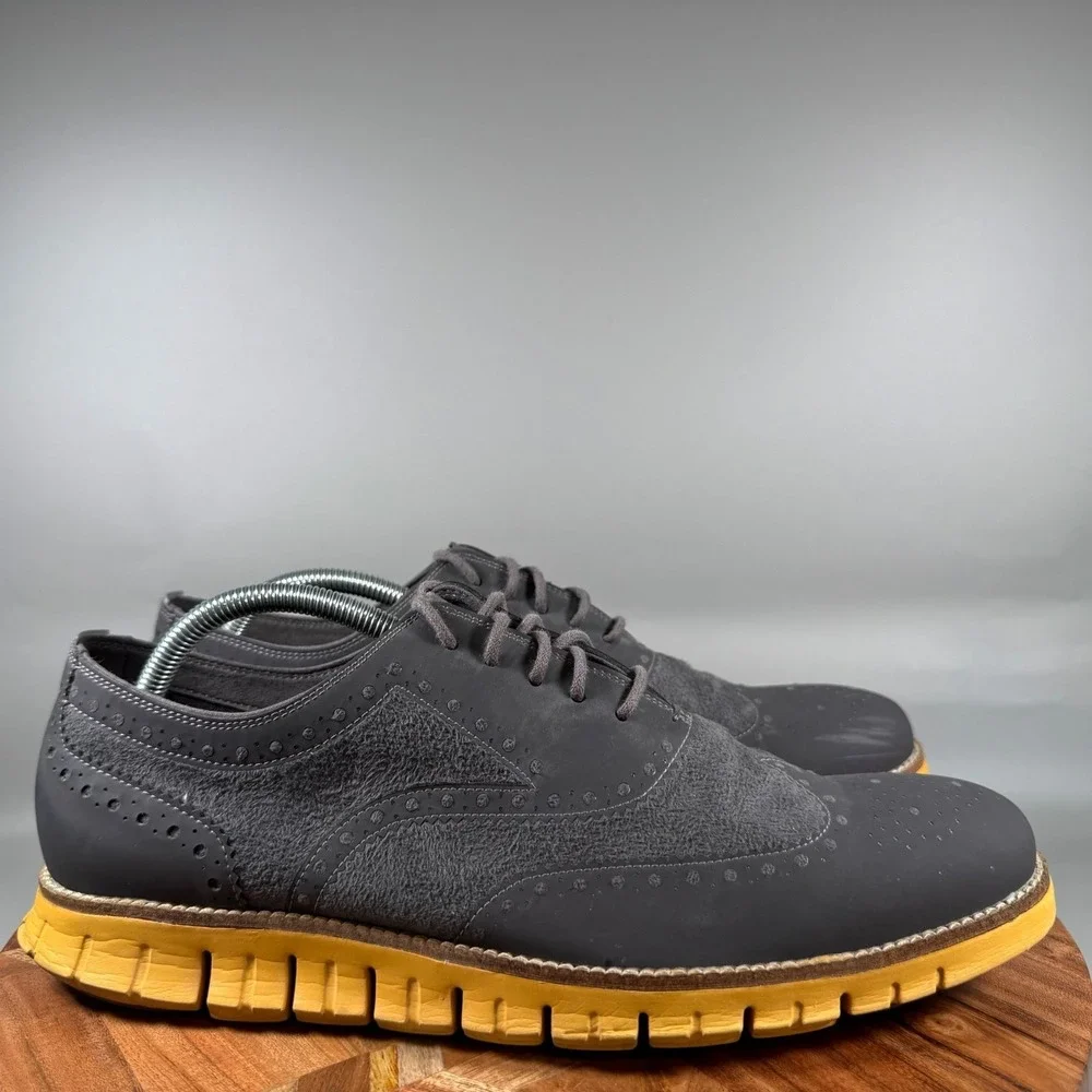 Cole Haan Zerogrand Wingtip Oxford Mens‎ 11M Gray Suede Leather Yellow Sole